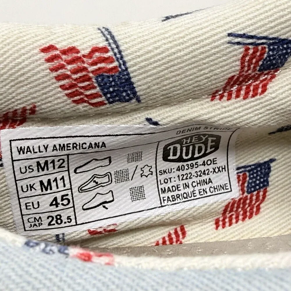 Hey Dude Wally Americana Shoes Mens 12 Blue Red Slip On Casual Preppy USA Flag
